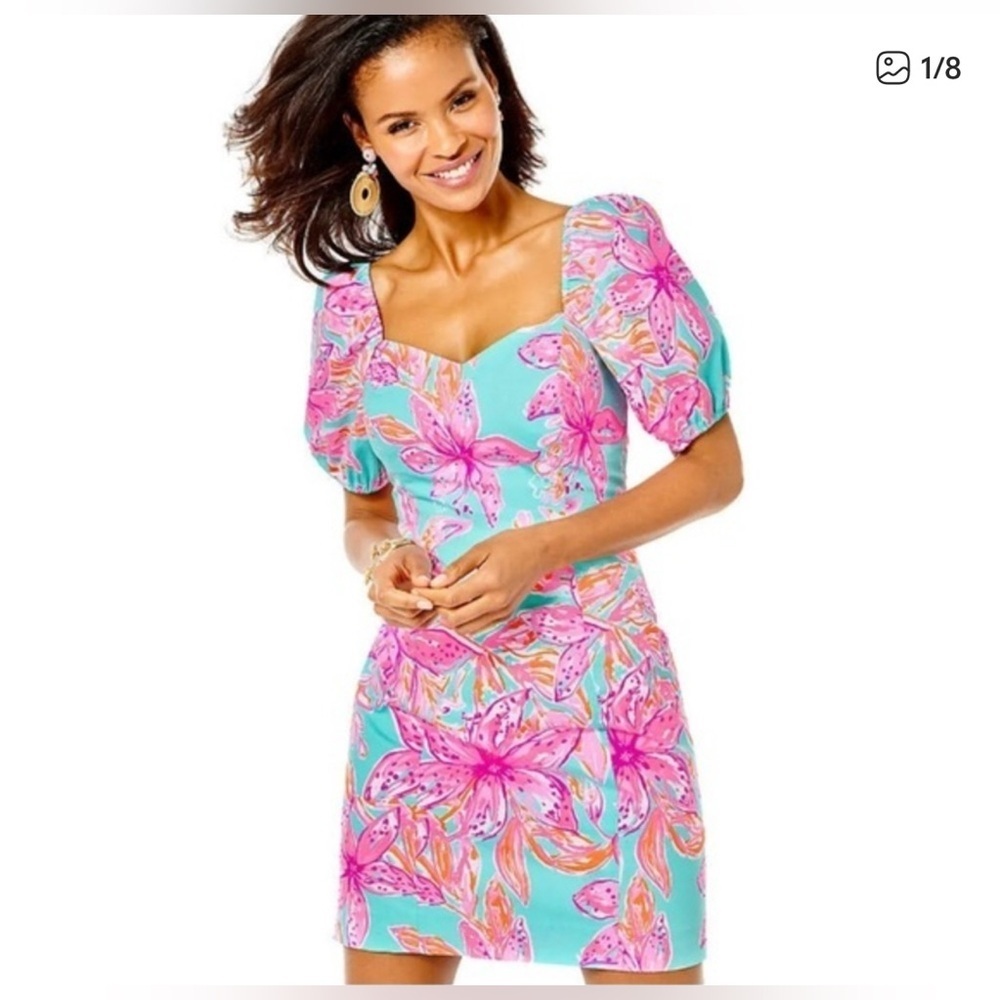 Lilly Pulitzer Lunetta Short Sleeve Stretch Dress
Surf Blue Bonita Blooms Size 6